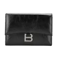 Portefeuille à trois volets en cuir noir froissé rétro avec logo B en métal argenté - Noir