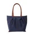 Sac fourre-tout en nylon bleu foncé imperméable avec anses brunes et bouton doré chic - Noir et Marron