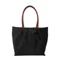 Minimalist black waterproof nylon tote bag with brown leather handles and gold button - Dark Blue