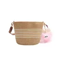 Stroh-Eimertasche mit weißen Streifen, braunem Lederriemen und rosa Plüsch-Anhänger - Mit Anhänger / Beige