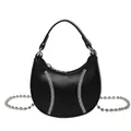 Mini black baseball style crossbody bag with white stitching and silver ball chain strap - Black