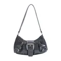Retro black faux leather shoulder bag with vintage buckle and rivet detail on white background - Black