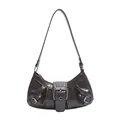 Retro dark brown crescent shoulder bag with metallic buckle strap and Y2K aesthetic - Brown