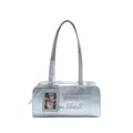 Silver metallic Y2K shoulder bag with mirror finish and lace bow keychain - Silver