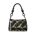 Schwarze bestickte quadratische Handtasche mit Kranichmuster und Holzperlengriff - Schwarz
