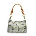 Hellblaue Handtasche mit Kranich-Jacquard-Muster, Perlengriffen und eleganter Quaste - Blau
