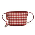 Red gingham checkered tote bag with leather straps and silver heart charm on white background - Red
