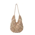 Handmade crochet underarm bag with sun flower woven pattern in beige and khaki tones - Rice Camel