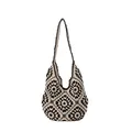 Handmade crochet hobo bag with vintage black and white floral pattern squares - Black Beige