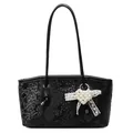 Elegant black snake pattern tote bag featuring a lace bow and heart pearl detail - With Pendant / Black