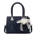 Bolso azul oscuro con estampado de serpiente, colgante de perlas y herrajes plateados - Sin Colgante / Azul Zafiro
