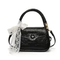 Black leather small square bag with white lace bow detail and adjustable strap - Black