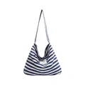 Blue and white striped canvas tote bag with ribbon closure and large capacity design - Blue Crossbody Bag