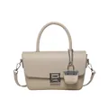 Retro shoulder bag with beige leather trim and woven texture featuring a silver square lock - Khaki