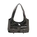 Glänzende schwarze PU-Handtasche mit zwei Vordertaschen und Silberschnallen - Schwarz