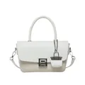 White faux leather and beige woven crossbody bag with square silver metal buckle and mini charm - White