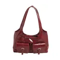 Retro burgundy PU leather shoulder bag with multi-pocket design and glossy finish - Red