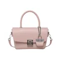 Pink vintage shoulder bag with woven texture, sturdy round handle and small charm pouch - Pink
