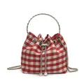 Fashionable red and white checkered bucket bag with metal ring handle and pearl chain - With Handle / Red