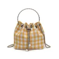 Yellow plaid bucket bag with metal ring handle, pearl tassels and a chain strap - With Handle / Yellow