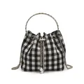 Checkered bucket bag with silver ring handle and pearl drawstring charms in black and white - With Handle / Black