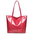 Retro fuchsia lackleder tote bag mit weißem aufdruck und schmalen schulterriemen - Rosa