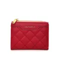 Red quilted women's wallet with diamond pattern and gold zipper in a front view - Red