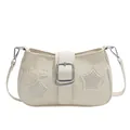Chic off-white canvas crossbody bag with silver star rivets and cross patch decoration - White