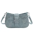 Light blue denim shoulder bag with vintage star patches and silver metal rivets detail - Light Blue
