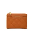 Caramel brown quilted short wallet with gold metal hardware and zipper closure for women - Brown