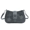 Dark grey washed denim crossbody bag featuring silver star rivets and metal buckle design - Black