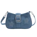 Y2K style denim shoulder bag with cross patches and silver metallic star rivets - Dark Blue