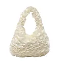 Japanese style sweet white pleated ruffle handbag with lace and soft satin fabric finish - White