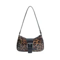 Retro baguette tas met luipaardprint, zilveren studs en zwarte gespsluiting - Zwart en Bruin