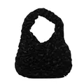 Elegant black pleated petal handbag in satin finish with ruffled cloud bag design - Black