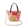 Rosa handgewebte Beuteltasche mit bunten 3D-Blumen und einer gepunkteten Schleife für Damen - Rosa