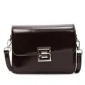 Minimalist square crossbody bag in dark coffee glossy leather with silver metal lock - Coffee