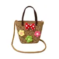 Strohhandtasche mit roter Polka-Dot-Schleife und bunten Häkelblumen für Damen - Khaki