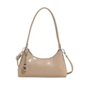 Chic cream high-gloss PU leather half-moon shoulder bag with silver moon charm detail - With Pendant / Khaki