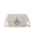 White crossbody bag with floral embroidery and silver horse head buckle detail - White