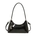 Minimalist black patent leather crescent shoulder bag with metallic pod charm detail - Black