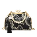 Vintage zwarte geborduurde handtas met zilveren bloemen en parelmoer handvat - Zwart
