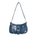 Borsa a spalla in denim con stelle, catena metallica e dettaglio fibbia decorativa - Blu
