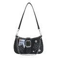 Borsa sottobraccio in denim nero vintage con patch a stella e catena argento - Nero