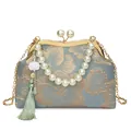 Blue-grey embroidered silk bag with pearl handle and floral tassel decoration - Green