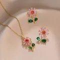 Titanium stalen sieradenset met roze zirkoon bloem hanger ketting en oorknopjes - Bloem Ketting Oorbellen Set