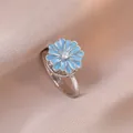 Blue enamel daisy ring in S925 sterling silver with a sparkling center zircon stone - J0356-granite Blue