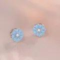 Daisy flower stud earrings in light blue enamel with a sparkling center zircon - E1144 - Dark Blue