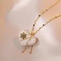 Collier en acier titane avec pendentif cœur blanc, étoile dorée et pampilles à franges - Pendentif Coeur en Zircone Blanche-Chaîne Or (X0321--1)