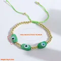 Handmade adjustable 18K gold plated bead bracelet with green evil eye charms for women - Green